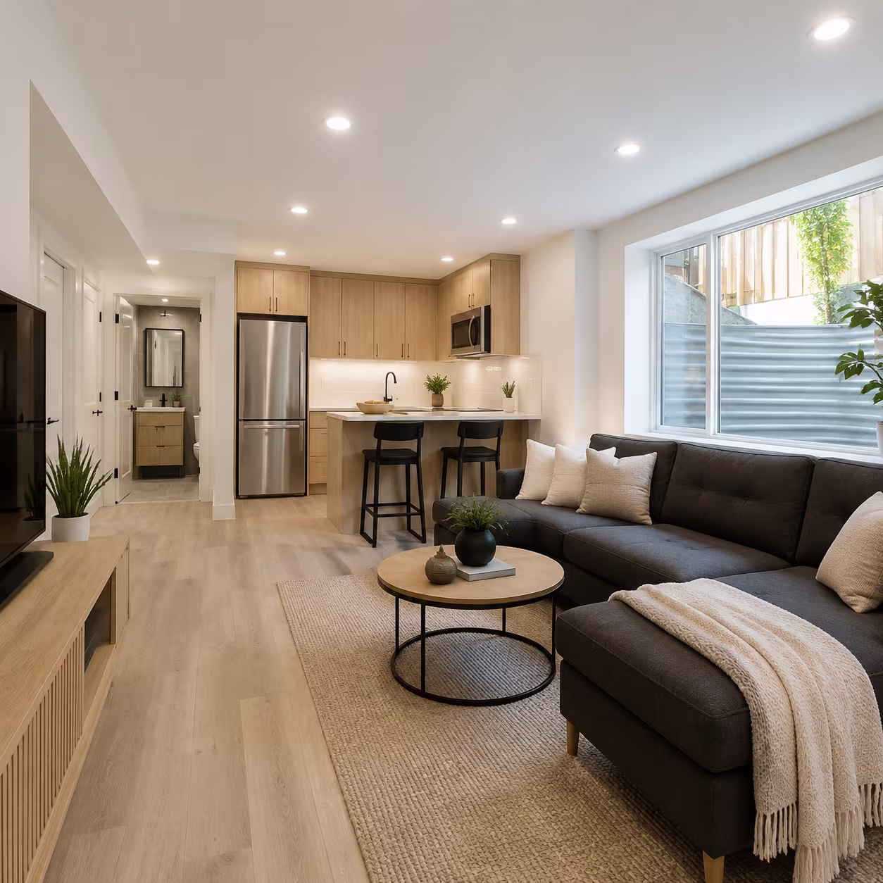 Finished Altadore basement suite living area beside a compact kitchen