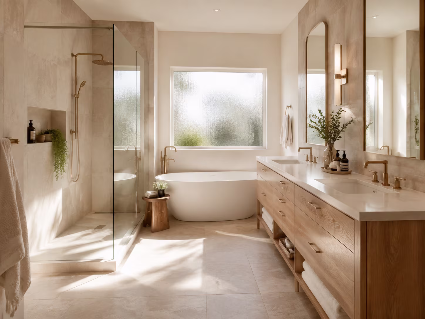 Bridgeland spa bathroom with a glass shower, freestanding tub and double vanity