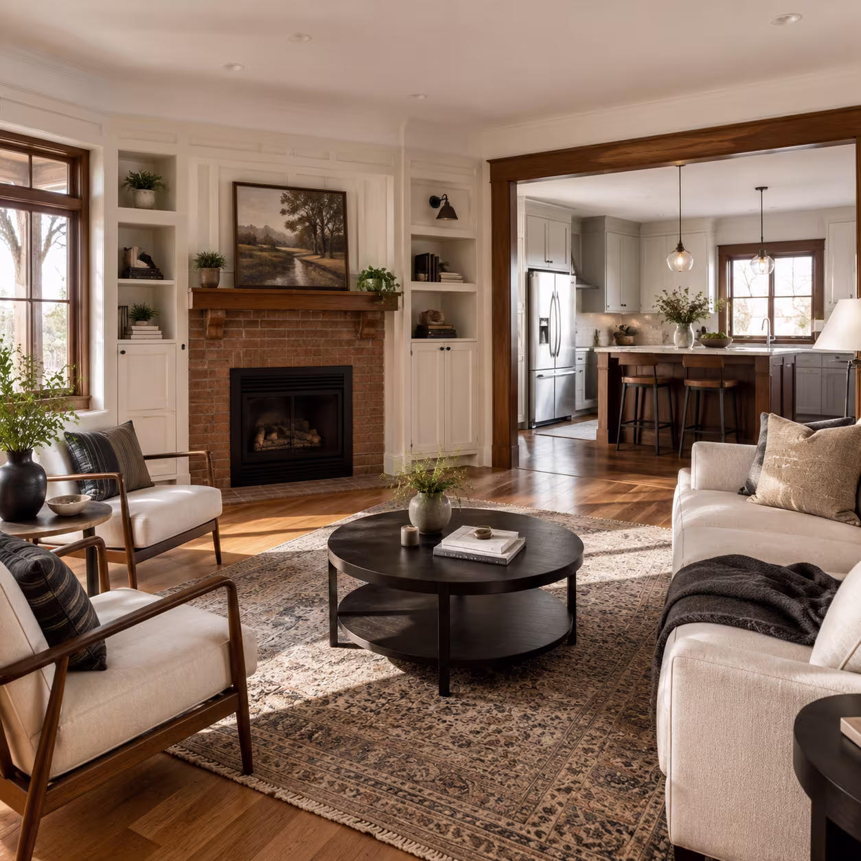 Inglewood character-home living room with a brick fireplace and custom millwork