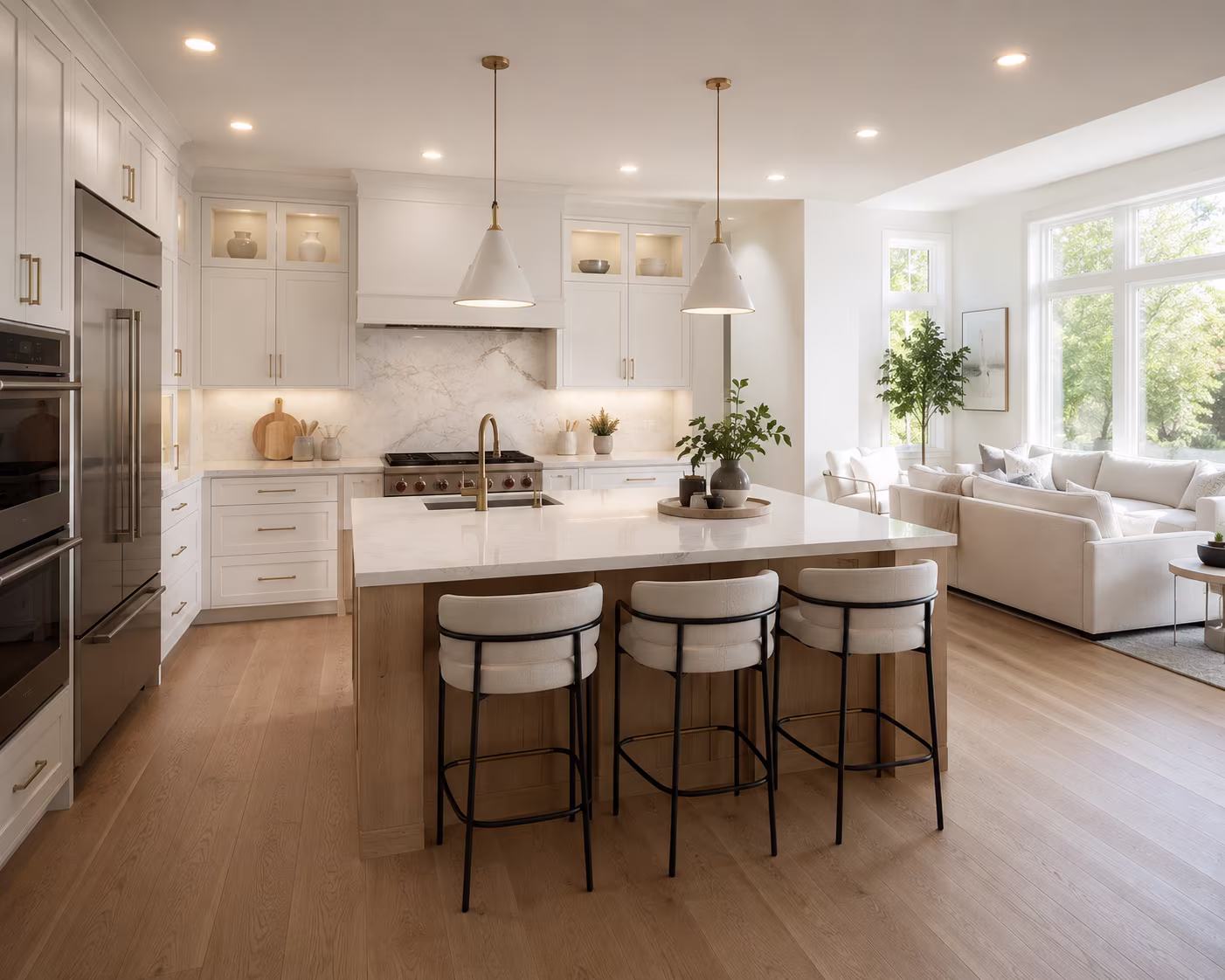 White open-concept Mount Royal kitchen with a large island and pendant lighting